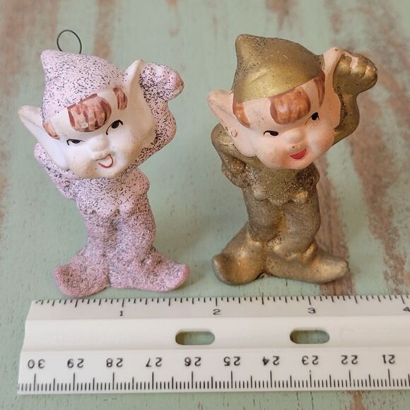 Vintage 1960's Mica Glitter Commodore Christmas Pixie Elf Pair - Picture 8 of 12
